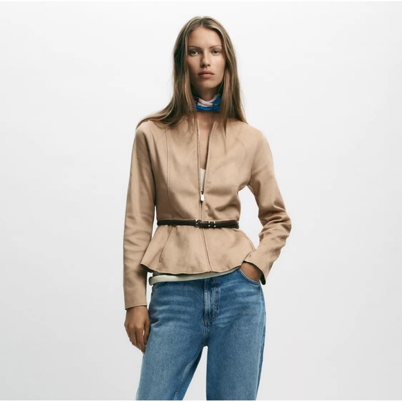 New Zara faux suede belted peplum jacket in taupe brown - XS - Picture 1 of 11